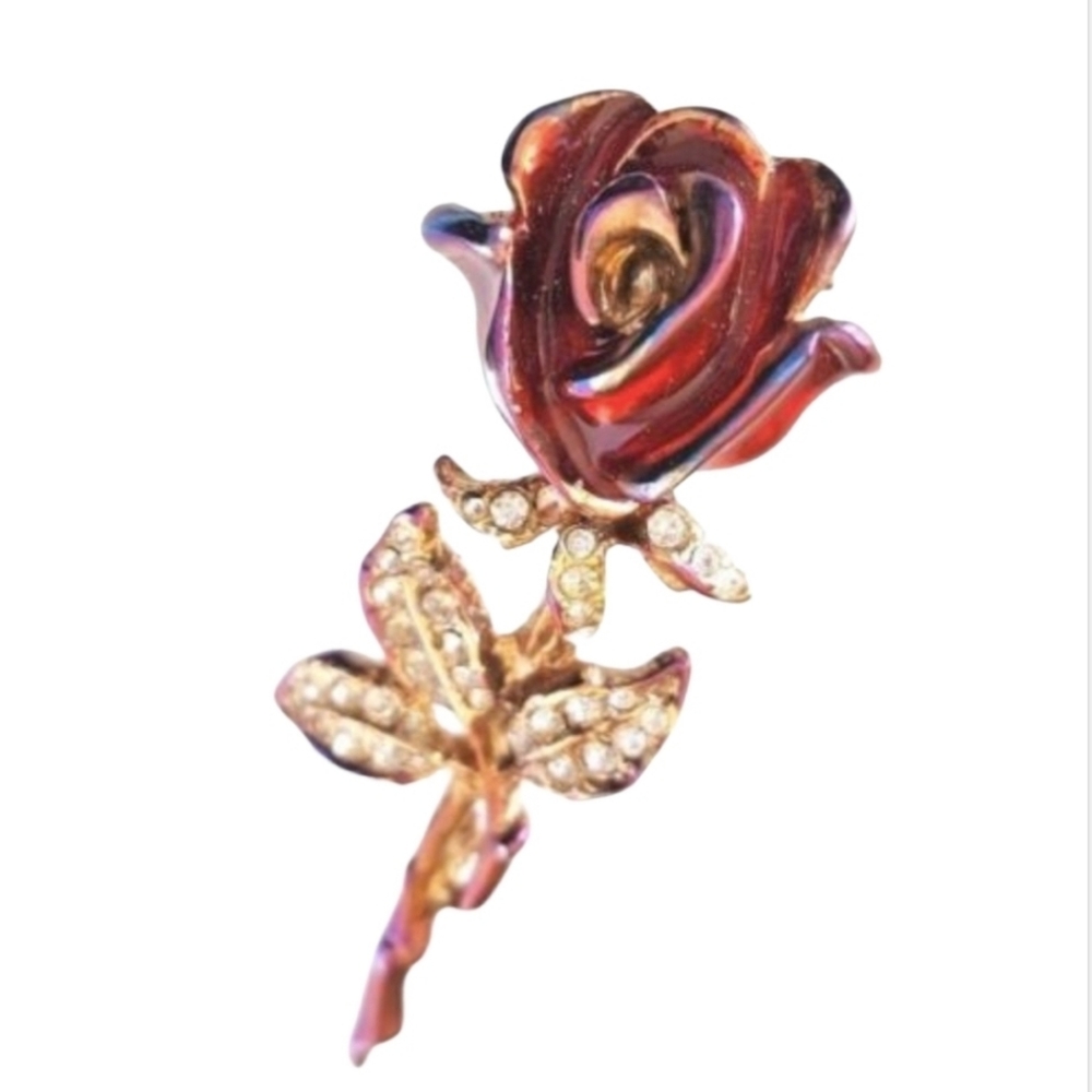 Vintage Rose \Brooch  lapel pin enamel rhinestones 2.75" red blue pink gold  *